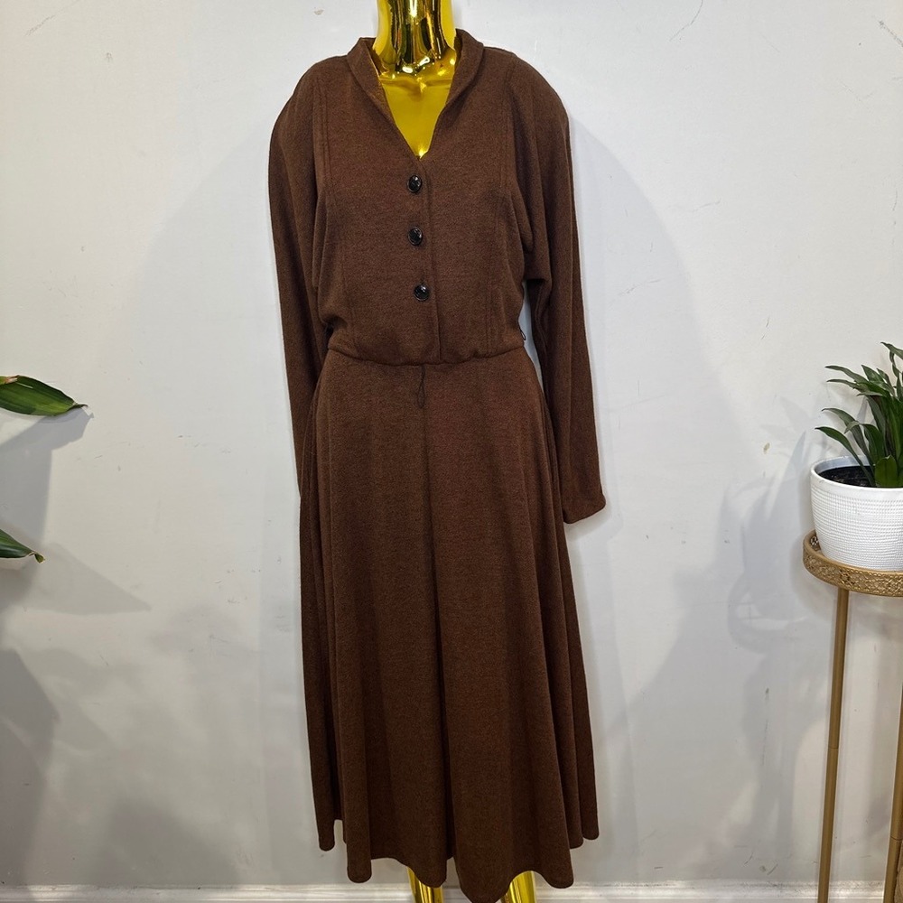 Vintage Academia Brown Knit Midi Dress Button Front Long Sleeve Size 6 Small‎
